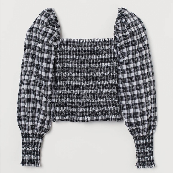 H&M Smocked Blouse Gingham Long Sleeve Crop Top - Picture 6 of 15